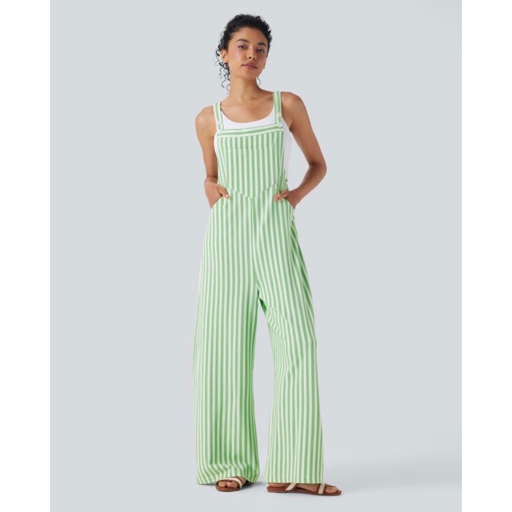 Halara Green White Striped Wide Leg Overalls Size L Waffle Knit Bib Jumpsuit